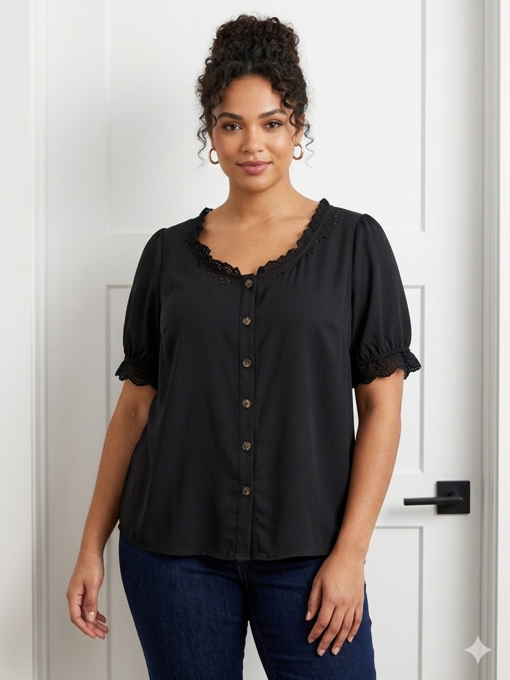 Black Trim Puff Sleeve Button Front Blouse Cottagecore Boho Eyelet Detail Retro